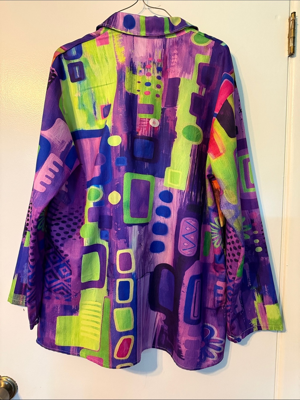 Womens Vibrant Purple & Lime Abstract Button-Up Shirt - Picture 3 of 7